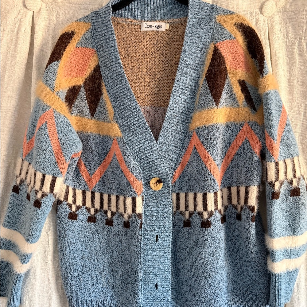 Coeur Vague Blue Patterned V‑Neck Cardigan